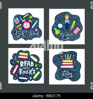 Vektor Schule Karte mit Flach- und doodle Illustrationen und handgezeichneten Schriftzug Zitat gesetzt. Zurück zu Schule Postkarte Sammlung liefert und Nachrichten. Werden Stock Vektor