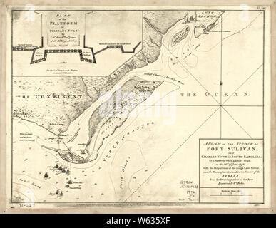 Amerikanischer Unabhängigkeitskrieg Ära Karten 1750-1786 207 ein Plan des Angriffs von Fort Sulivan in der Nähe von Charles Town in South Carolina durch ein Geschwader von Seiner Majestät Bauen und Reparieren Stockfoto