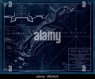 Amerikanischer Unabhängigkeitskrieg Ära Karten 1750-1786 208 ein Plan des Angriffs von Fort Sulivan in der Nähe von Charles Town in South Carolina durch ein Geschwader von Seiner Majestät invertiert Bauen und Reparieren Stockfoto