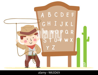 Abbildung: ein Kind Junge mit Cowboy Kostüm Spinning Lasso Seil mit dem Alphabet auf Beschilderung Stockfoto