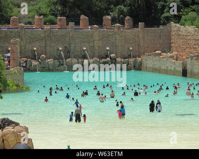 Masse der Leute oder Schwimmer im türkisblauen Wasser in einem wellenbad an einem heißen Sommertag im Tal von Wellen in Sun City, Südafrika Stockfoto