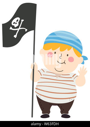 Abbildung: Fat Kid Boy winkte mit der Hand und trug Piraten Kostüm und Halten einer Flagge Stockfoto