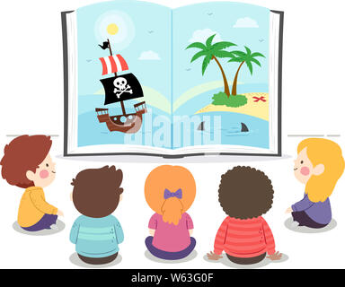 Abbildung: Kinder sitzen auf dem Boden und den Blick auf ein offenes Buch mit Piraten Geschichte Stockfoto