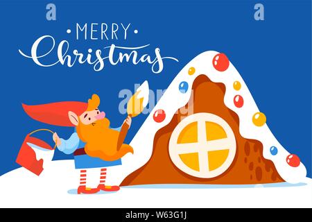 Weihnachten Poster vektor design mit Cartoon gnome und Urlaub Kuchen Stock Vektor