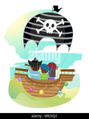 Abbildung: Stickman Kinder tragen Piraten Kostüm und Reiten ein Schiff im Himmel schweben Stockfoto