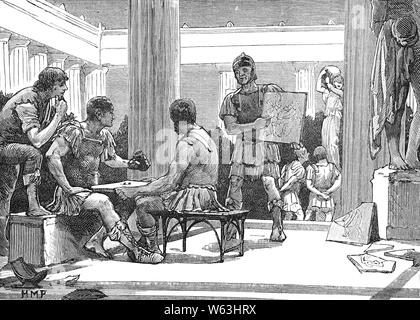 Römer in Korinth nach der Erklärung von Rom vom Krieg auf der Achäischen Liga in 146 BC, Siege über Liga Kräfte und der Römischen Eroberung von Korinth. Wenn er in die griechische Stadt, westlich von Athen, Lucius Mummius, römischer Staatsmann und General alle Männer getötet und die Frauen und Kinder in die Sklaverei vor dem Brennen der Stadt, für die er den Beinamen achaikus als Eroberer der Achäischen Liga verkauft. Korinth blieb weitgehend menschenleer, bis Julius Cäsar die Stadt umziehen Colonia Laus Iulia Corinthiensis im Jahr 44 v. Chr., kurz vor seiner Ermordung. Stockfoto