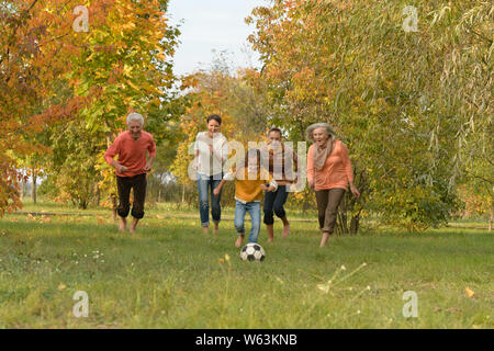 Portrait von großen glücklichen Familie Fußball spielen im Park Stockfoto