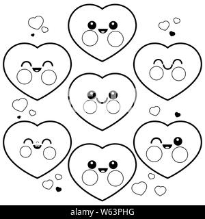 Fröhliches süßes Herz-Emoji-Set. Liebe Vektor-Illustration. Lustiges Set mit Herzaufklebern. Seite mit Schwarzweiß-Malbuch. Stockfoto