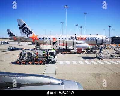 Melbourne, Australien: 07 April, 2019: Jetstar ist ein australischer Low Cost Airline mit Sitz in Melbourne und eine Tochtergesellschaft der Qantas. Stockfoto