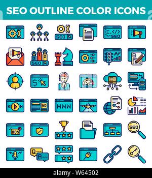 SEO Search Engine Optimization Umrissfarbe Symbole. Vector Illustration Stock Vektor