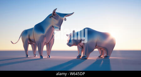 Silber Bull und Bear bei Sonnenuntergang - 3D-Illustration - Bulle und Bär Stockfoto