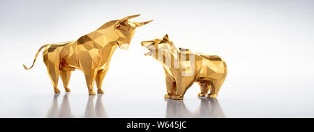 Goldene Bulle und Bär mit weißem Hintergrund - 3D-Illustration - Bulle und Bär Stockfoto