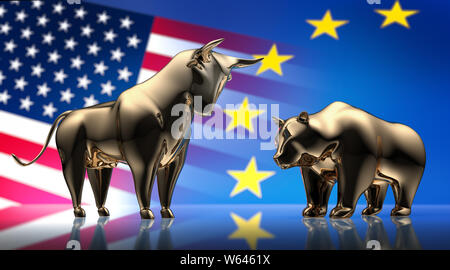 Bulle und Bär vor der amerikanischen und europäischen Flagge - 3D-Illustration - Bulle und Bär Stockfoto