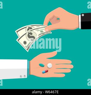 Hand der Apotheker mit Pillen, Gesundheitswesen und Einkaufsmöglichkeiten, Apotheke, Drogerie. Hand mit Geld. Lieferung. Medizinische Droge, vitamin, Antibiotikum. Vector Illustration im flachen Stil Stock Vektor