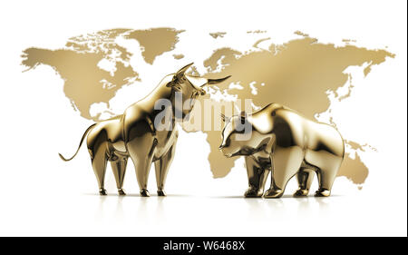 Goldene Bulle und Bär und Karte der Welt - 3D-Illustration - Bulle und Bär Stockfoto