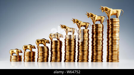 Bulle und Bär Figurettes auf Stapel von goldenen Münzen Stockfoto