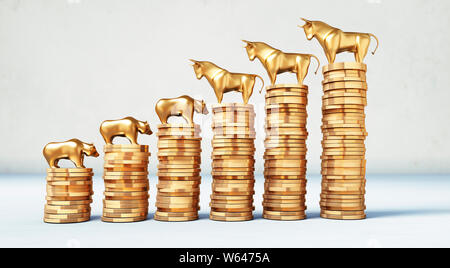 Bulle und Bär Figurettes auf Stapel von goldenen Münzen Stockfoto