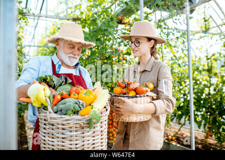 Porträt einer jungen Frau mit Großvater holding Körbe voll mit frischem Gemüse Ernte im Gewächshaus eines kleinen landwirtschaftlichen Betrieb Stockfoto