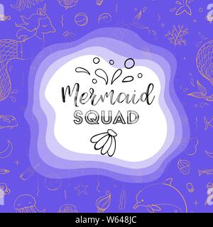 Typografie Design Meerjungfrau Kader. Nahtloses Muster mit Fantasy-Doodles von Meerjungfrau Thema. Dekorative Hintergrund für Kinder Mädchen Textil. Stock Vektor