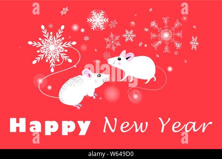 Weihnachtskarte aus weiße Mäuse auf einem roten Hintergrund mit Schneeflocken. Ein Beispiel für eine festliche Gestaltung des neuen Jahres für eine store, Webseite oder Poster. Stock Vektor