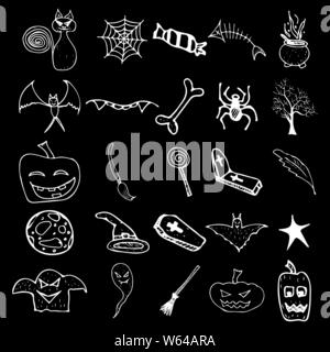 Halloween doodle auf schwarzen Hintergrund isoliert. Cartoon mit schwarz Halloween doodle Elemente. Struktursymbol Sammlung. Handskizze Magi gezeichnet Stock Vektor