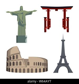 Christus Statue, Kolosseum, Eiffelturm, Portal oder Tori gate Stock Vektor