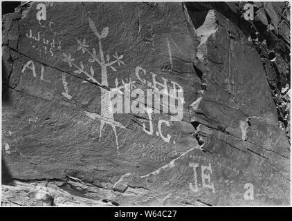 Baumwolle Inschrift auf einer Klippe entlang Virgin River unterhalb St. George, Utah. An der Basis der Baumwolle und rechts den Satz lautet: Jacob Peart Jr war ich ihr zu rais Set cotten Marc 1858 Stockfoto