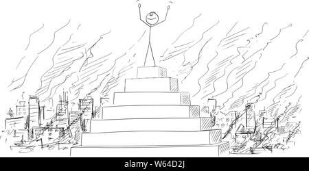 Vektor cartoon Strichmännchen Zeichnen konzeptionelle Darstellung der Mann oder Geschäftsmann oder Politiker sein Sieg oder Triumph feiern auf der Spitze der Pyramide, mit zerstörten Stadt in Brand für den Hintergrund. Stock Vektor