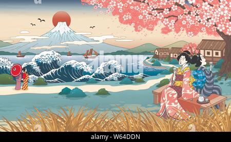 Ukiyo-e Stil Geisha trinken Willen unter schönen Kirschblüte Baum Stock Vektor