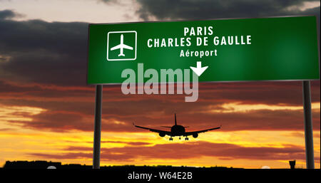 Flugzeug Landung in Paris CDG, Charles de Gaulle, Frankreich. Stadt Anreise mit Richtung Flughafen unterzeichnen. Reisen, Business, Tourismus und Verkehr Konzept. Stockfoto