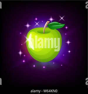 Grüner Apfel mit Blatt, Symbol für online Casino oder Logo für Mobile Game auf dunklem lila Hintergrund, Vector Illustration. Stock Vektor