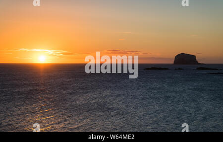 Ruhigen Nordsee und Insel Bass Rock bei Sonnenuntergang. Tausende von Tölpeln Fliegen über dem Meer auf der Suche nach Nahrung. North Berwick. Schottland. Großbritannien Stockfoto