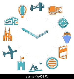 Vector Illustration. Reisezeit. Aktivitäten Symbole in eine Uhr mit Stunden. Stock Vektor