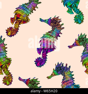 Seahorse Illustration, Hand farbenfrohe abstrakte Aquarell Spritzer gemalt, Handgemalten Aquarell Illustration, nahtlose Muster Stockfoto