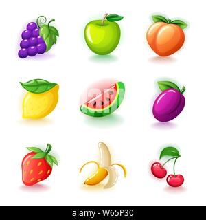Set aus bunten Früchten - Glänzend Kirschen, Trauben, halb geschälte Banane, reife Erdbeeren, Zitronen, Pflaumen, Wassermelone, Pfirsich und grünem Apfel Obst Symbole Stock Vektor