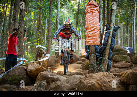 APRIL 10, 2014 - Pietermaritzburg, Südafrika. Greg Minnaar Racing an der UCI Mountainbike Downhill World Cup. Stockfoto