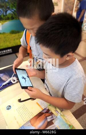 ---- Eine junge chinesische Benutzer von Mobiltelefonen verwendet sein BlackBerry-Smartphone für AR Lesung während der Buchmesse Shanghai in Shanghai, China, 17. August 2017. Mobil Stockfoto