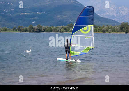 Comer see, Italien - Juli 21., 2019. Wassersport: Windsurfen Reiten auf einem sonnigen Sommertag in der Nähe der Colico, Stadt in Italien, und Schwimmen Schwan. Dp m Stockfoto