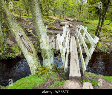 Eine schmale Holzbrücke. Die Fußgängerbrücke über Burbage Bach an der Spitze der Padley Schlucht, Derbyshire, Peak District National Park, England, Großbritannien Stockfoto