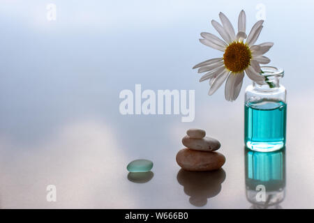 Stillleben mit Kamille als die Sonne stecken in einer Flasche mit Aromaöl und Steine in der Form einer Pyramide neben und Glas. Reflexion von unscharfen c Stockfoto