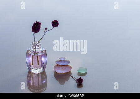 Rose aromatische Öl in eine Flasche mit einem Stecken. In der Nähe der Pyramide von drei Steine und ein Glas. Der Zweig liegt. Selektive konzentrieren. Der Hintergrund ist Unschärfe Stockfoto