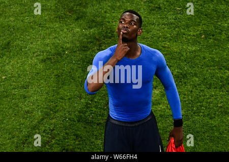 Paul Pogba von Frankreich reagiert, nachdem sein Team Belgien in ihrem Halbfinale besiegt während der FIFA WM 2018 in Sankt Petersburg, Russland, 10 Ju Stockfoto