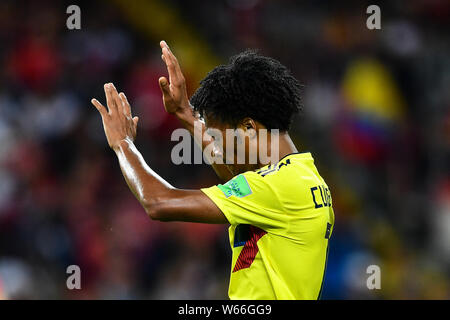 Juan Cuadrado von Kolumbien reagiert, als er gegen England in ihrer Runde im Wettbewerb von 16 Gleichen während der FIFA WM 2018 in Moskau, Russland, 3. Juli 20 Stockfoto