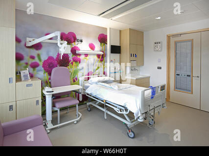 Krankenhaus in den neuen Stanmore Gebäude, Royal National orthopädisches Krankenhaus, London, UK. Die Wände sind mit Foto - Wandbilder von Blumen. Stockfoto