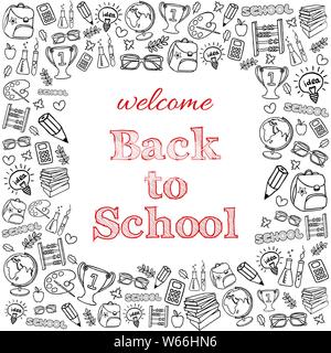 Doodle Willkommen zurück zu Schule Plakat. Hand Grafik Design für Schule Einladung Vorlage, Verkauf Flyer, Grußkarte erstellt. Vector Illustration Stock Vektor