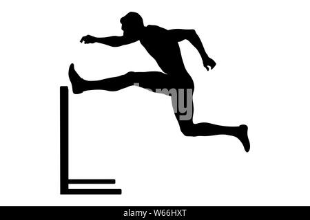 Männer Athlet Läufer laufen Hürden Angriff schwarze Silhouette Stockfoto
