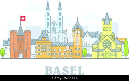 Basel, Schweiz - Altstadt, city panorama mit Wahrzeichen von Basel Stock Vektor