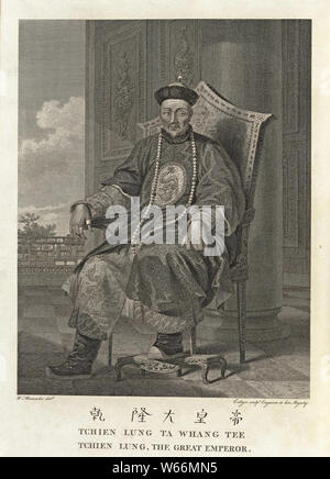 Portrait von Kaiser Qianlong, sitzend auf einem Stuhl. Stich von William Alexander und im Jahr 1774 veröffentlicht. Stockfoto