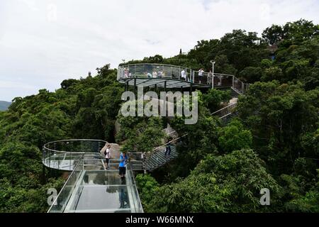 Touristen zu Fuß auf einem mit Glasboden sky Gehweg an der Yalong Bay Forest Park in Sanya City, South China Hainan Provinz, 29. Juli 2018. Menschen besuchen Stockfoto