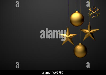 3D-Render von golden weihnachten Zierpflanzen: Ball, Stern, Schneeflocke. Copyspace für benutzerdefinierte Text verfügbar Stockfoto